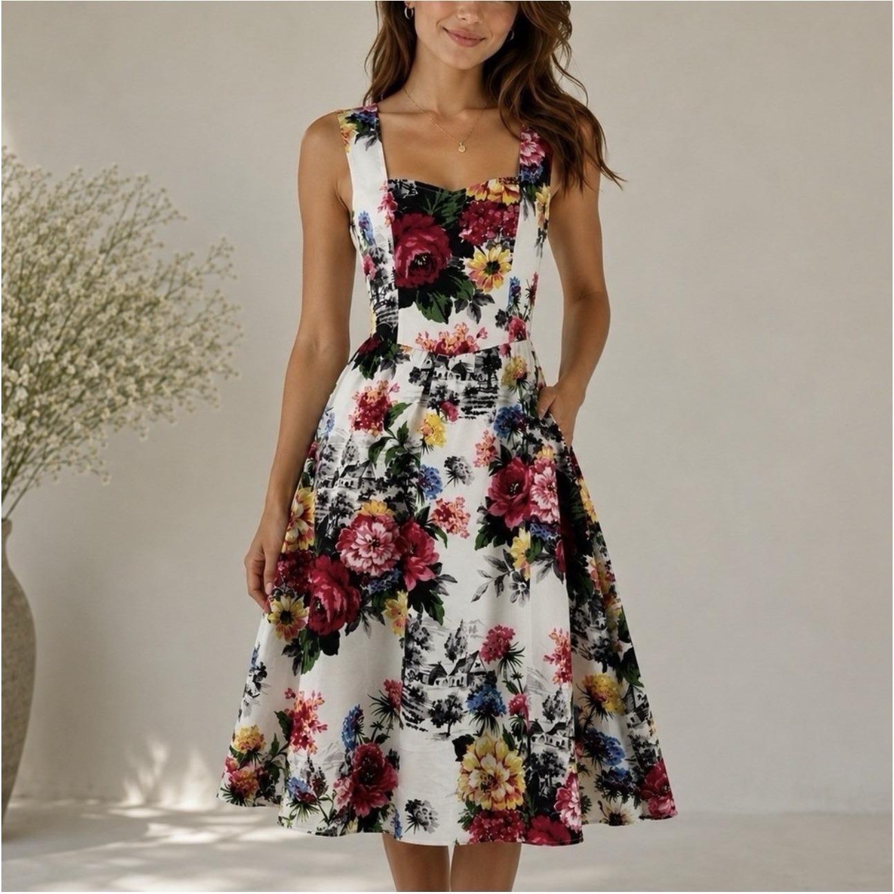 Anthropologie Amelia Midi Dress White Floral Sleeveless Cottagecore Sz 12